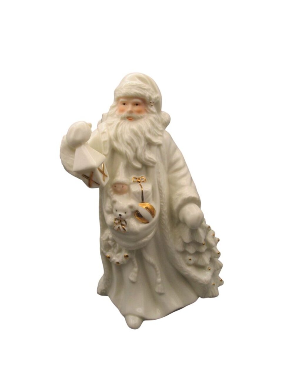 Santa Claus Figurine with Lantern and Tree White Porcelain Gold Accents Vintage